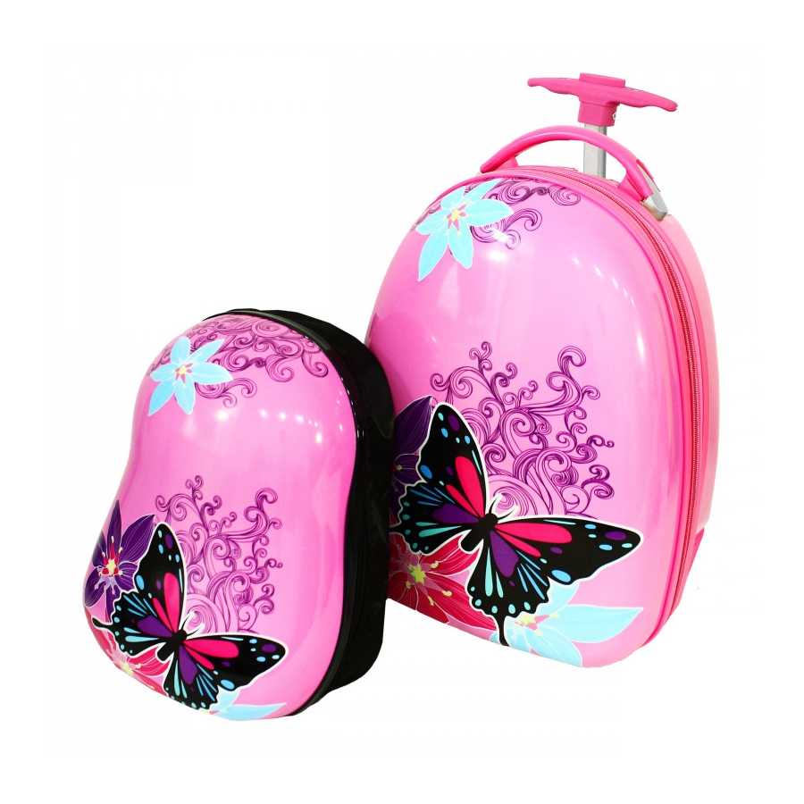 Ružový detský kufor "Butterfly" + detský ruksak - veľ. M