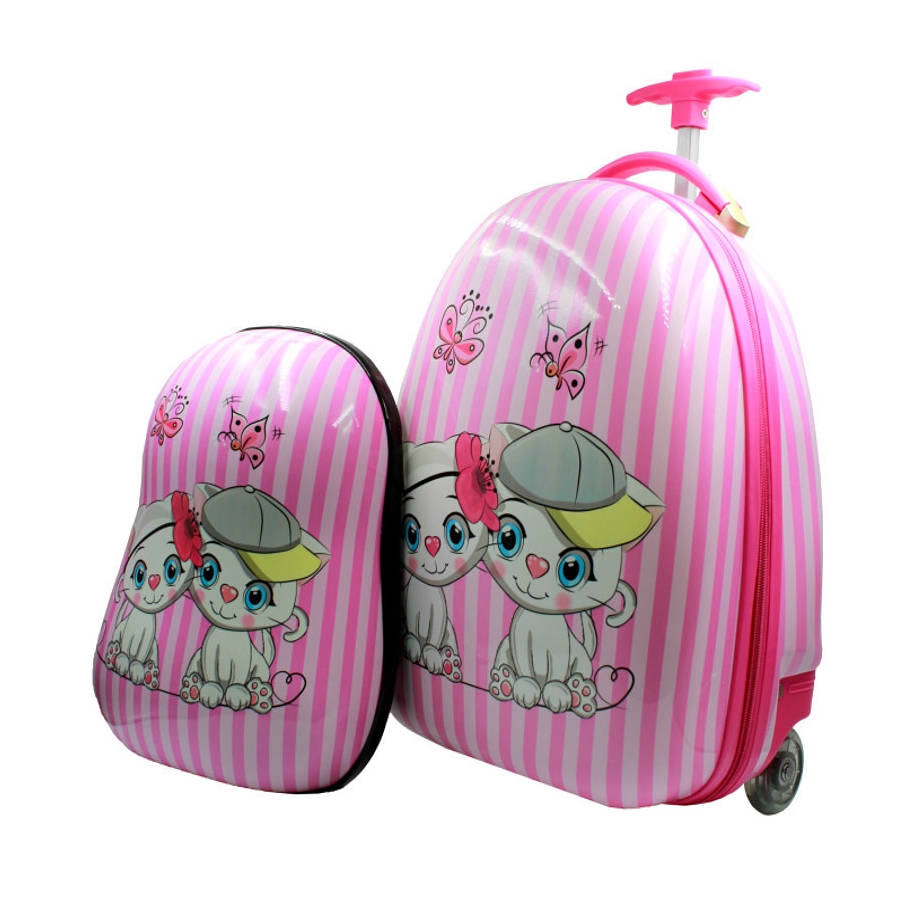 Ružový detský kufor + ruksak "White Cat" - veľ. S + M