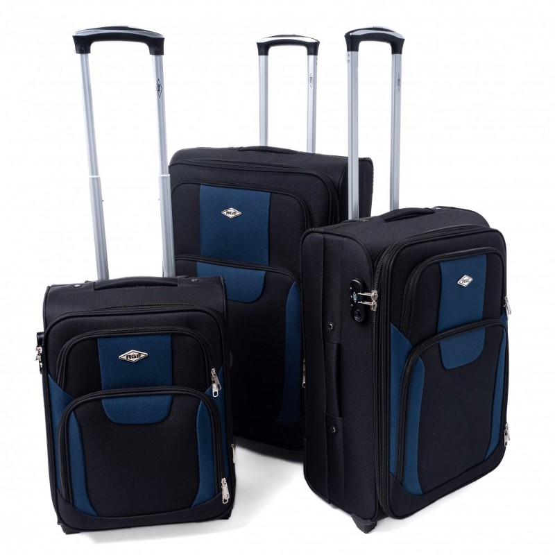 Modro-čierna sada 3 objemných textilných kufrov "Golem" - M, L, XL
