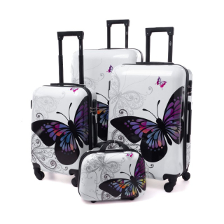 Biela sada 4 škrupinových cestovných kufrov "Butterfly" - veľ. S, M, L, XL